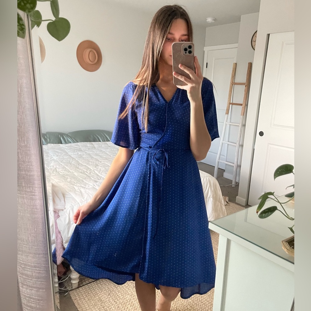 Lulus Dark Blue Triangle Pattern High-Low Wrap Dr… - image 1